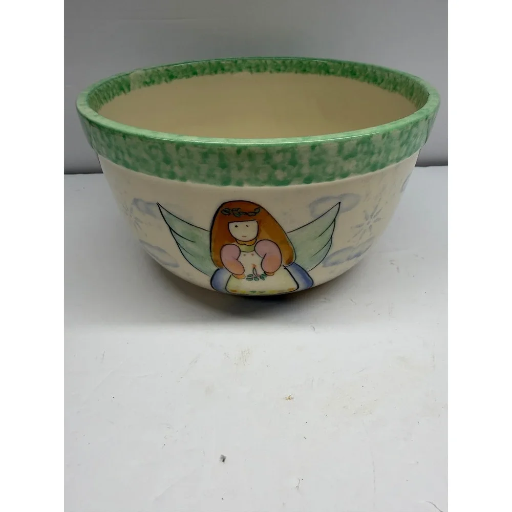 Vital Unit Ceramic Mixing Bowl Angel Hand Painted Green Rim 8.5 Inch Cream